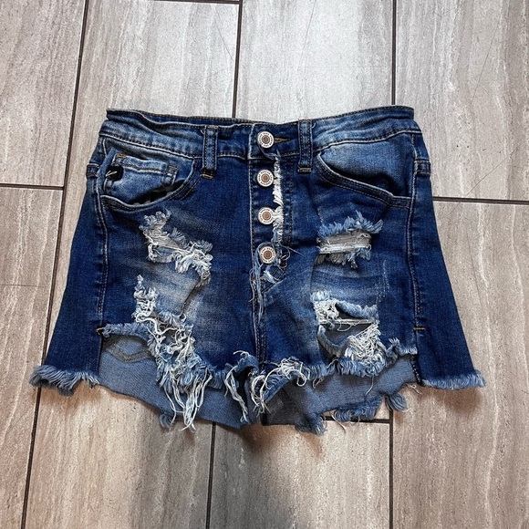 KanCan Womens Dark Wash Distressed Button Fly Denim Short 24 - Picture 1 of 5